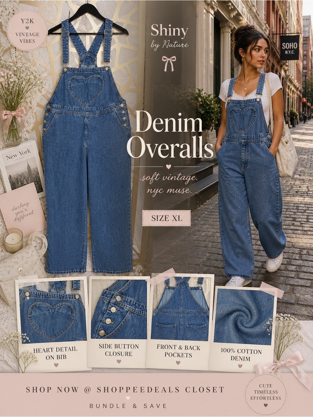 Shiny By Nature Denim Overalls Wide Leg Heart Detail Size XL